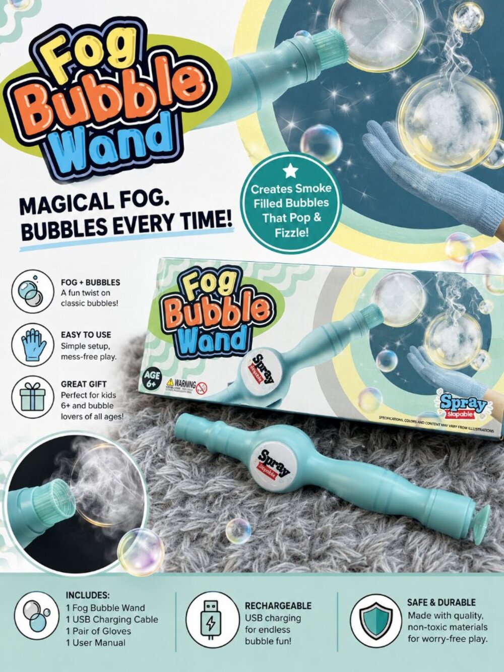 Fog Bubble Wand Smoke Bubble Maker USB Rechargeable Kids Outdoor Toy NEW
